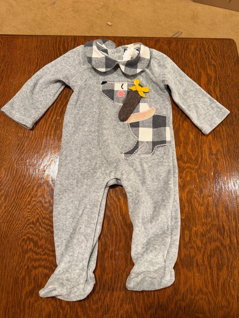 Mud Pie Gray Footed One-Piece with Plaid Dog Applique and Yellow Bow